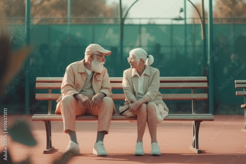 Old couple sitting on a bench in a sports field and watching someone play, retired sports, tennis court, generative ai.