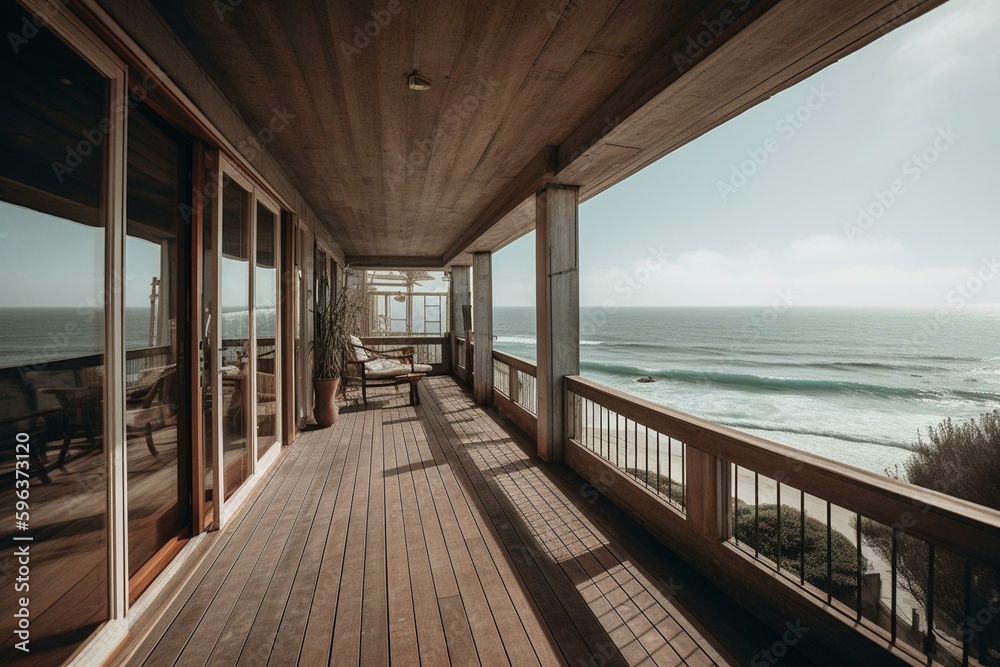 A beach house with airy ambiance, vast windows, wraparound deck, and serene ocean view. Generative AI