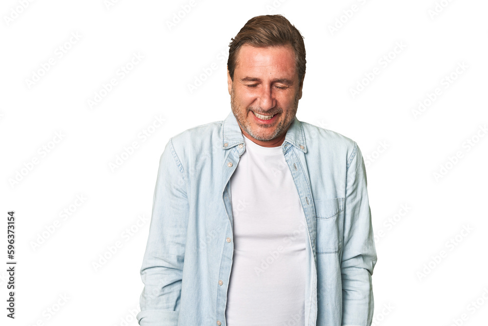 A middle-aged man isolated laughs and closes eyes, feels relaxed and happy. A middle-aged man isolated laughs and closes eyes, feels relaxed and happy.