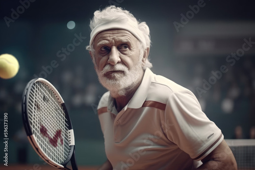 Old gray-haired man on a sports tennis court, wearing a cap, portrait, man holding a racket, generative ai. © MoreThanProd