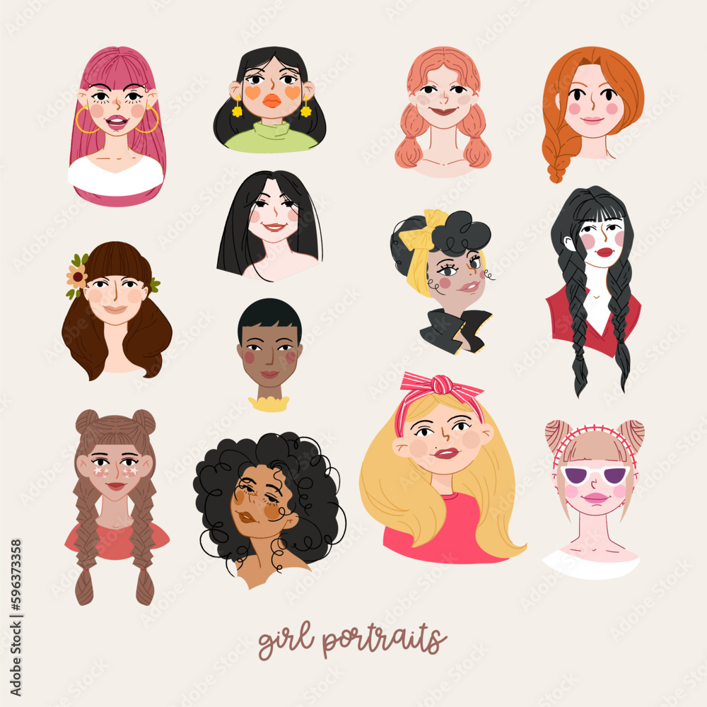Portrait of cute girl with different hairstyles isolated on beige background. Portrait vector flat illustration Portrait of cute girl with different hairstyles isolated on beige background. Portrait vector flat illustration