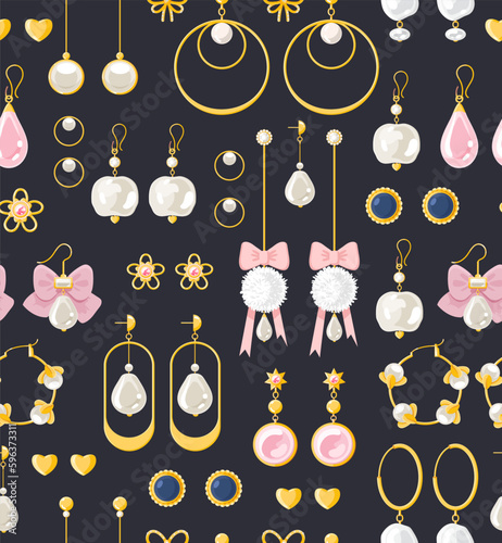 Pearl Earrings seamless pattern on black background. Gold diamond gemstones pendant jewelry accessories vector flat illustration for wedding card, fabric, wallpaper, wrapping paper, poster