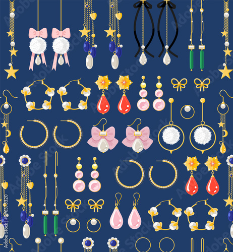 Earrings jewelry accessories seamless pattern on blue background. Gold and diamond, pearl gemstones pendant vector flat style illustration.