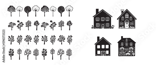 Quirky house with group of forest borders in vector motif organic style. Hand drawn whimsical linocut cityscape house for rural graphic.