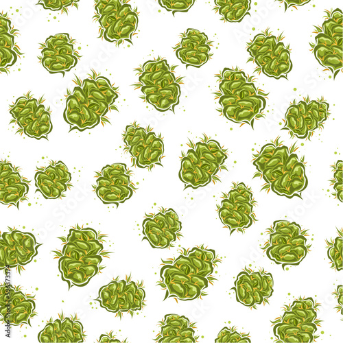 Vector Cannabis Bud Seamless Pattern, repeat background with cut out illustrations of recreational whole weed buds for wrapping paper, collection of flat lay organic marijuana buds for home interior