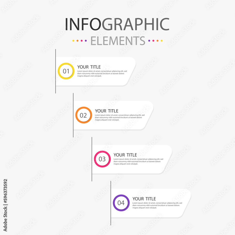 Four modern text box infographics elements flowchart design for use in business. Infographics elements with 4 colors.