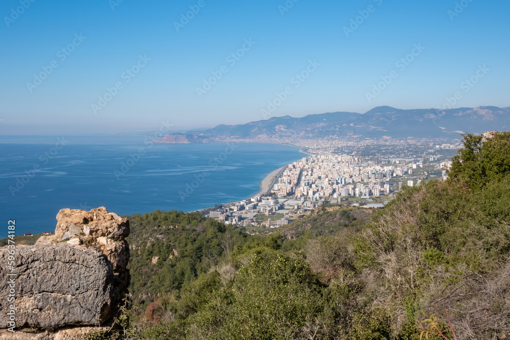 View of the Alanya city from the height of the ancient city of Syedra, Mediterranean coast, South Turkey