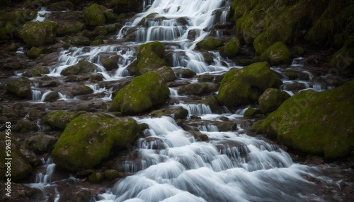 Wonderful waterfall in the mountains. Landscape Photography. Mountain waterfalls with a picturesque landscape. Generative AI