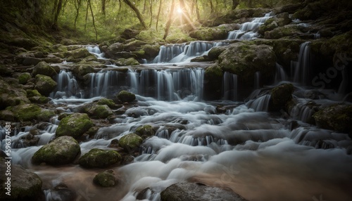 Wonderful waterfall in the mountains. Landscape Photography. Mountain waterfalls with a picturesque landscape. Generative AI