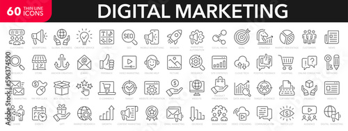 Digital marketing line icons set. Marketing outline icons collection. Website  seo  social media  online advertising  mail  content  strategy  target  feedback  store - stock vector.