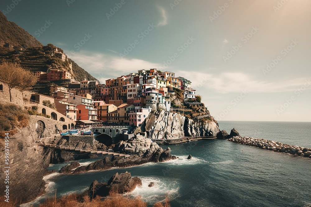 Stunning vista of idyllic Manarola, Cinque Terre, Italy. Generative AI