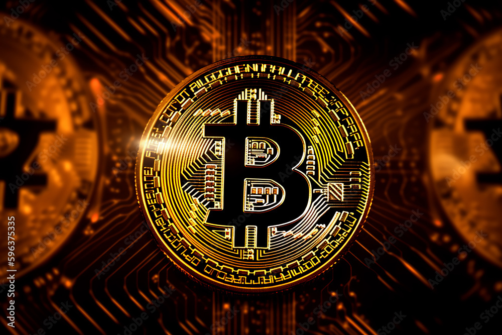 Closeup view of Golden coin with Bitcoin BTC symbol on a mainboard - Generative AI