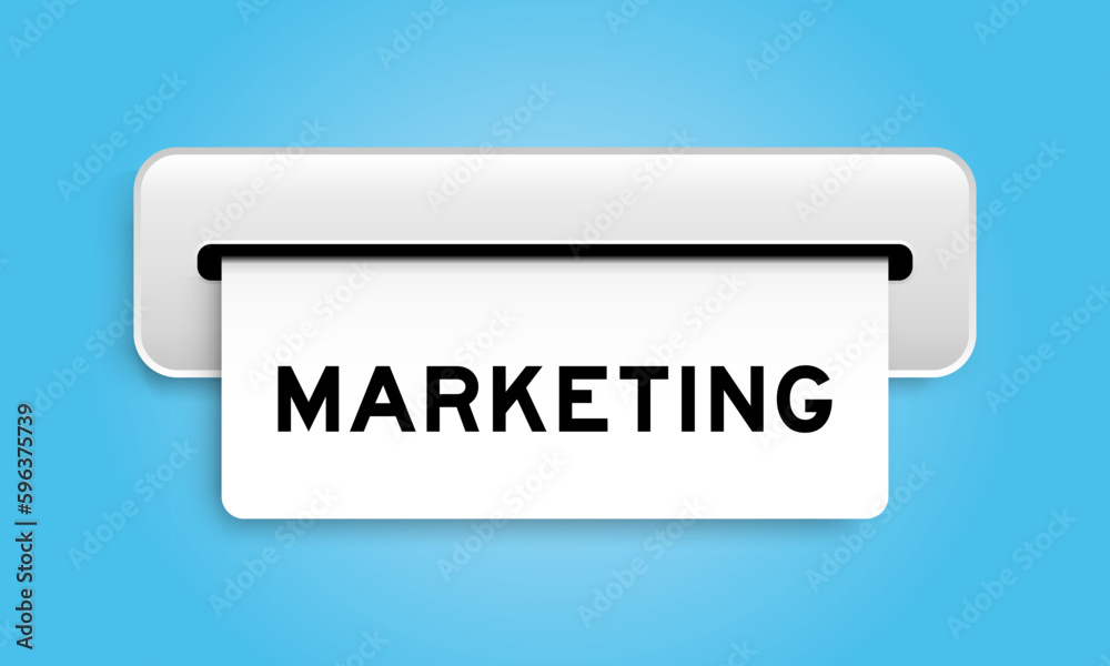 White coupon banner with word marketing from machine on blue color background