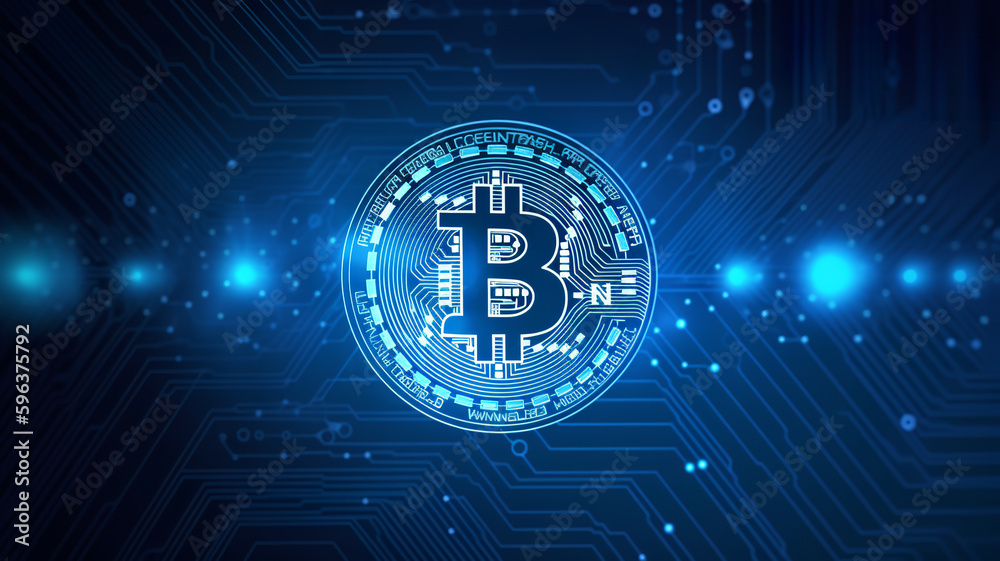 Bitcoin, abstract blue background, IoT technology background concept - Generative AI Bitcoin, abstract blue background, IoT technology background concept - Generative AI