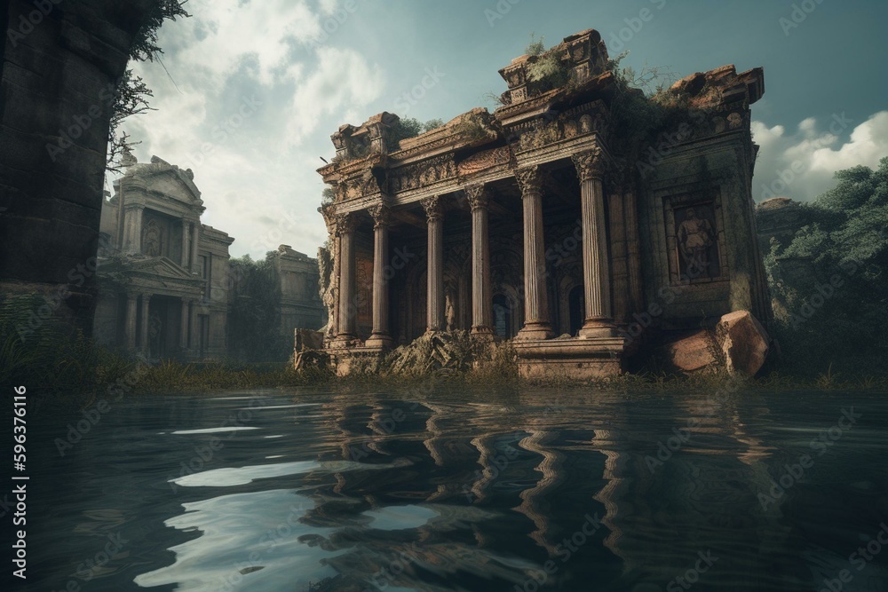 Flooded ruins&architectural remnants amidst apocalypse, drowning in water. Generative AI
