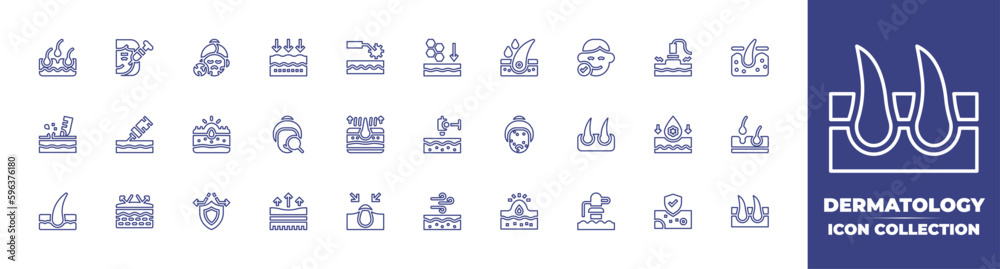 Dermatology line icon collection. Editable stroke. Vector illustration. Containing hair loss, injection, dry skin, wrinkle, lifting, honey, hair care, skin, radio active, dermis, pores, and more.