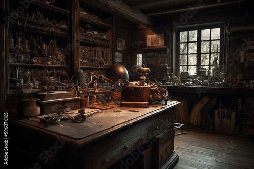 An old-fashioned artistic space filled with antique tools and equipment. Generative AI