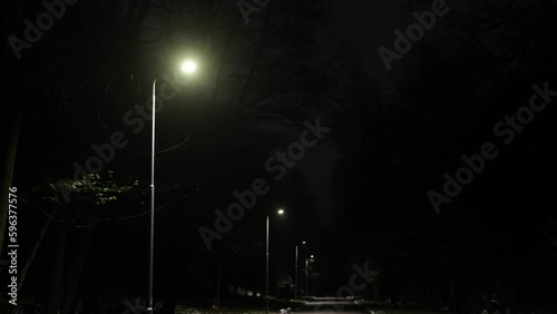 Streetlights illuminate, Nighttime park, Park streetlights. Streetlights turn on at night, illuminating the street in the park