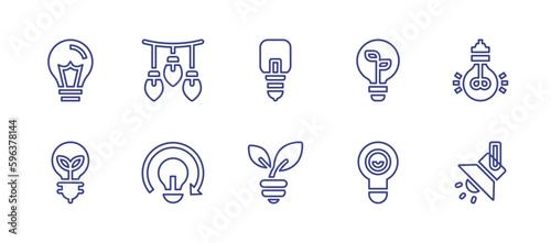 Light bulb line icon set. Editable stroke. Vector illustration. Containing idea, light bulb, green energy, lightbulb, electricity, plant.