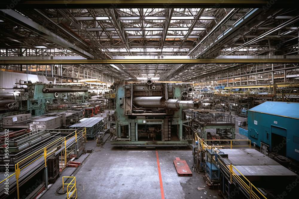 Fototapeta premium Business operations, manufacturing plant with heavy machinery, automation in the production process to reduce costs while maintaining quality in the supply chain, 