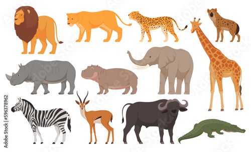 Animals from the African continent in cartoon style. Carnivores and herbivores from the hot area. Vector illustration