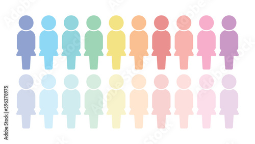 20色のパステルカラーの立っている女性の人型アイコン･ピクトグラムのセット - カラフル 