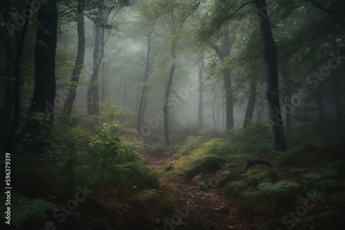 A misty woodland containing dense foliage and countless trees. Generative AI © Ismael