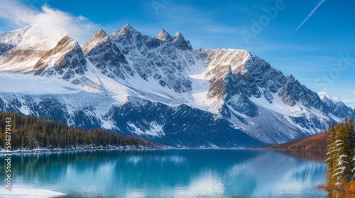 A stunning mountain landscape, with snow-capped peaks and a misty valley below.