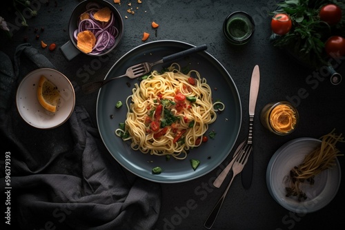 Plate of pasta with vegetables, fork, knife, cup of coffee, and spoons. Generative AI