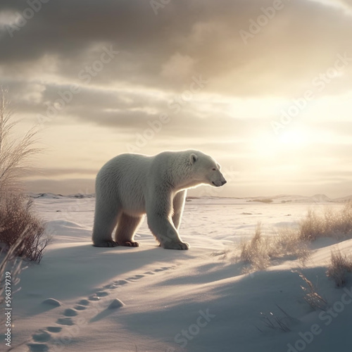 A 3D render of a polar bear wandering across a snowy Arctic landscape  showcasing its beauty.