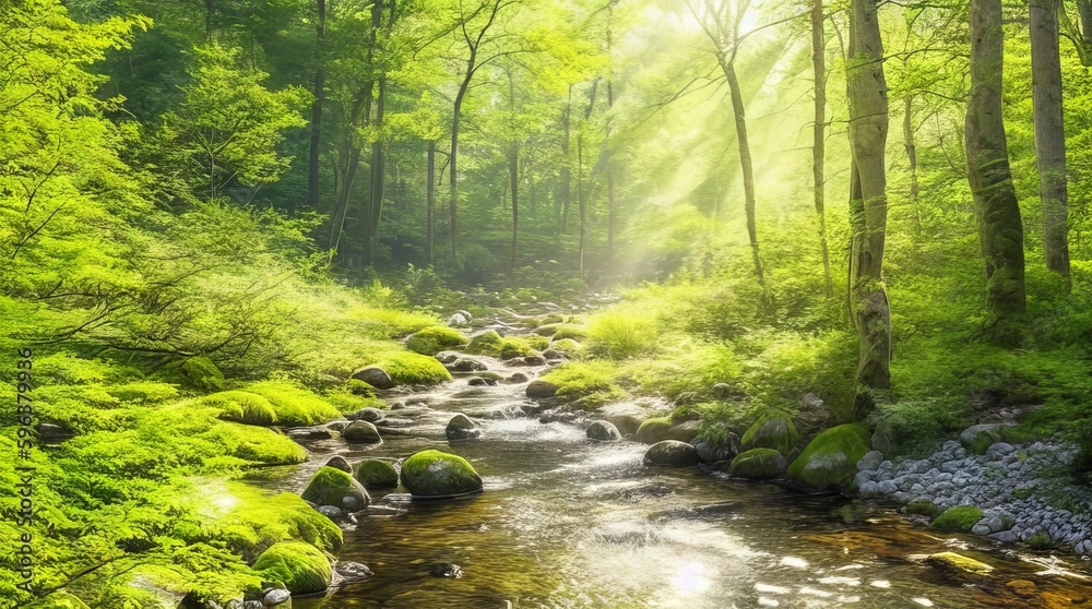 A peaceful forest scene, with sunlight filtering through the trees and a babbling brook in the background. - obrazy, fototapety, plakaty 