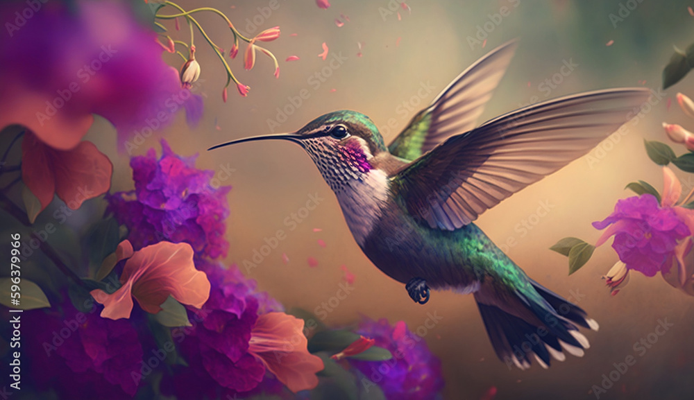 Hummingbird hovering next to blooming flowers. Beautiful hummingbird nectar in flight