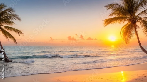 A serene beach scene at sunset  with palm trees and gentle waves lapping the shore.