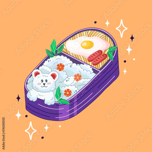 Bento box in Kawaii style. Cute, colorful illustration. Japanese food in a lunch box. Anime and chibi. Vector.