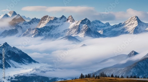 A stunning mountain landscape, with snow-capped peaks and a misty valley below.