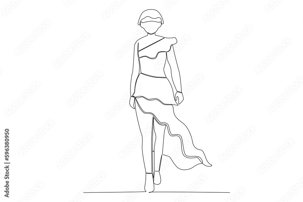 A catwalk woman in a beautiful dress. Fashion show one-line drawing