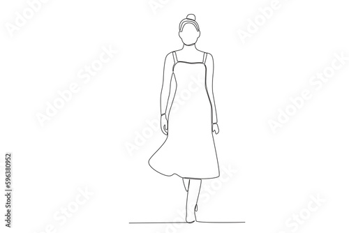 A fashion show model with a fancy dress. Fashion show one-line drawing