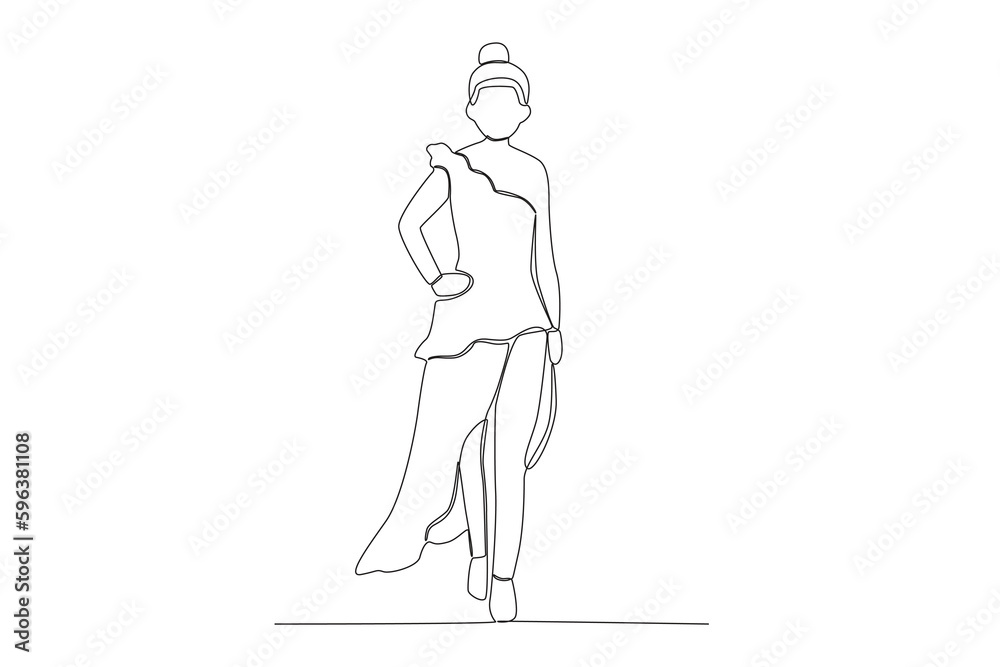 Side view of a fashion show model on stage. Fashion show one-line drawing