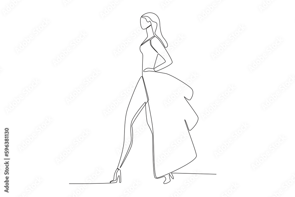 A catwalk woman in a fashion week event. Fashion show one-line drawing