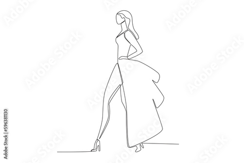 A catwalk woman in a fashion week event. Fashion show one-line drawing