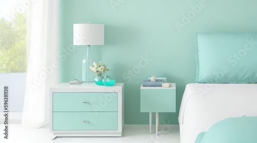 White modern mid-century bedside table, bed, embroidered pillowcase in sunlight on turquoise blue pastel green wall bedroom. © Shamim Akhtar