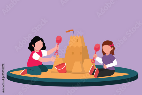 Cartoon flat style drawing two cute little girl playing and making sandcastle in sandbox. Outdoor game in kindergarten playground. Place for children games at beach. Graphic design vector illustration