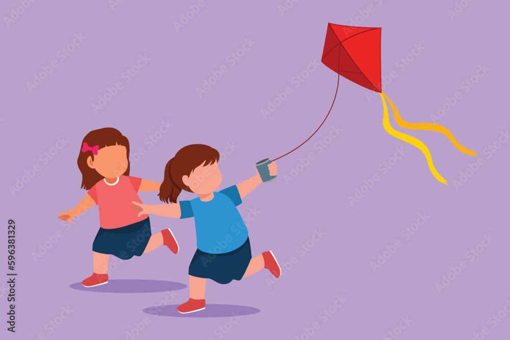 Graphic flat design drawing two girl playing to fly kite up into sky at outdoor field. Kids playing kite in playground. Children with kites game and they look happy. Cartoon style vector illustration Graphic flat design drawing two girl playing to fly kite up into sky at outdoor field. Kids playing kite in playground. Children with kites game and they look happy. Cartoon style vector illustration