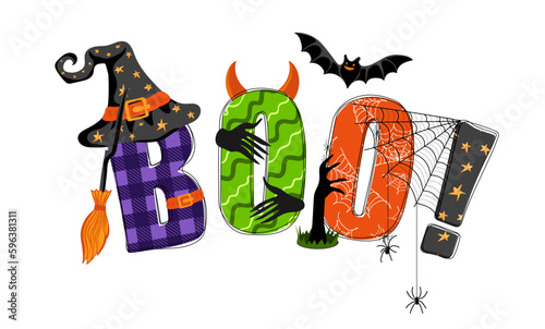 Boo. Hand drawn doodle text with witch hat, bat, spiders and zombie hands. Happy Halloween. Design for poster, banner, t shirt, card, flyer. Vector illustration