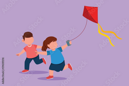 Cartoon flat style drawing little boy and girl flying kite. Siblings playing together. Kids playing kite in playground. Children with kites game and they look happy. Graphic design vector illustration