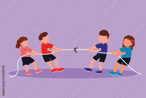 Cartoon flat style drawing group of children playing tug of war at playground. Happy kids playing tug of war at park. Girls and boys pull rope, outdoor child games. Graphic design vector illustration