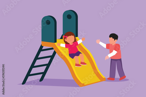 Cartoon flat style drawing preschool kids playing together in kindergarten playground. Little girl sliding down the slide and cute boy seeing her on side of slide. Graphic design vector illustration