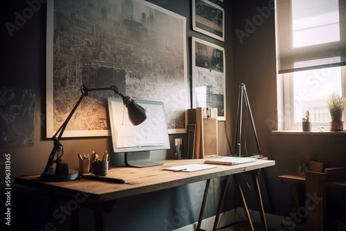 Bright office corner with empty poster. Generative AI © Renata