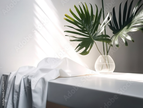 Soft beige cotton tablecloth on counter table, tropical dracaena tree in sunlight on white wall background for luxury fresh organic cosmetic, skincare, beauty treatment product display 3D. Ai
