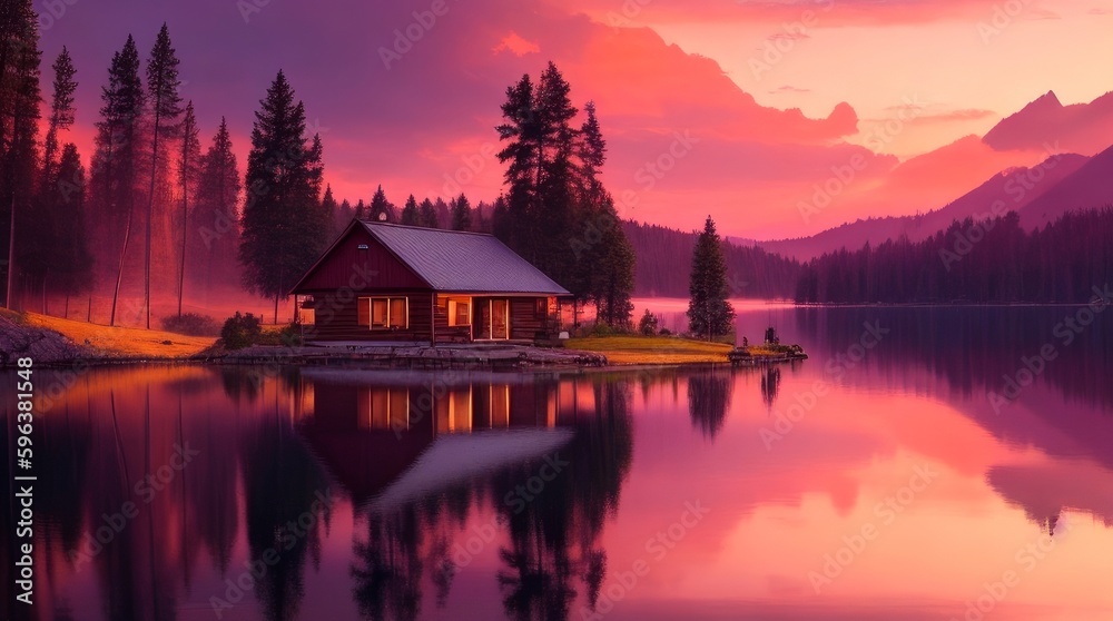 Imagine a breathtaking view of a serene lake surrounded by lush green mountains. The sky is a blend of orange, pink, and purple hues, indicating that the sun is setting.